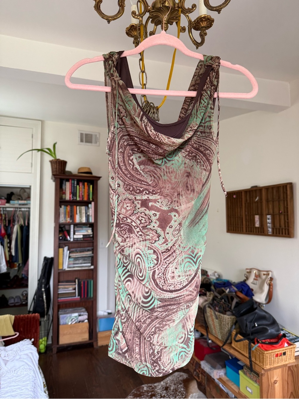 Sleeveless Cowl Neck Paisley Tank Dress - Mint & Brown